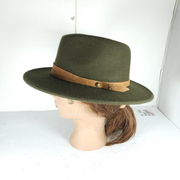 Frye Women\'s Medium Green 100% Wool Felt Brown Leather belt Fedora Hat main image 6
